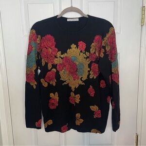 ANGELO Marani Made in Italy 100% Wool Crewneck Black Floral Rose Sweater Medium